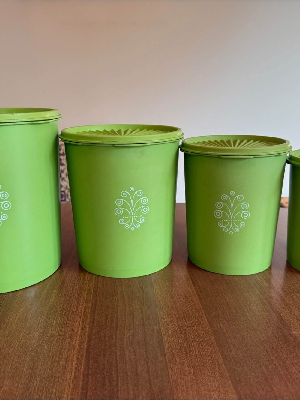 Tupperware Green Canister Set with White Floral Motif Set of 4